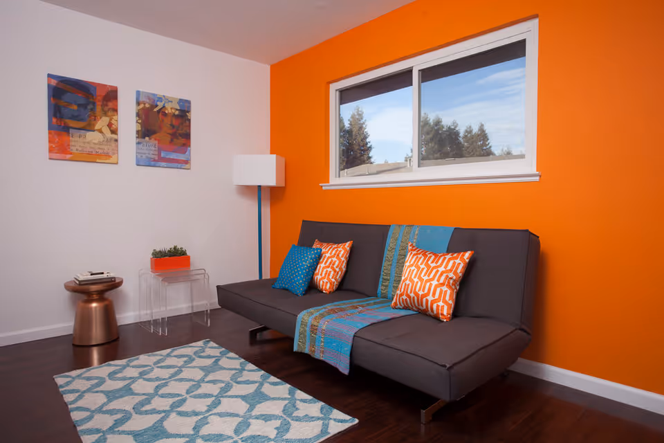Modern living room with a gray sofa against an orange accent wall, patterned pillows, a floor lamp, artwork, and a rug.
