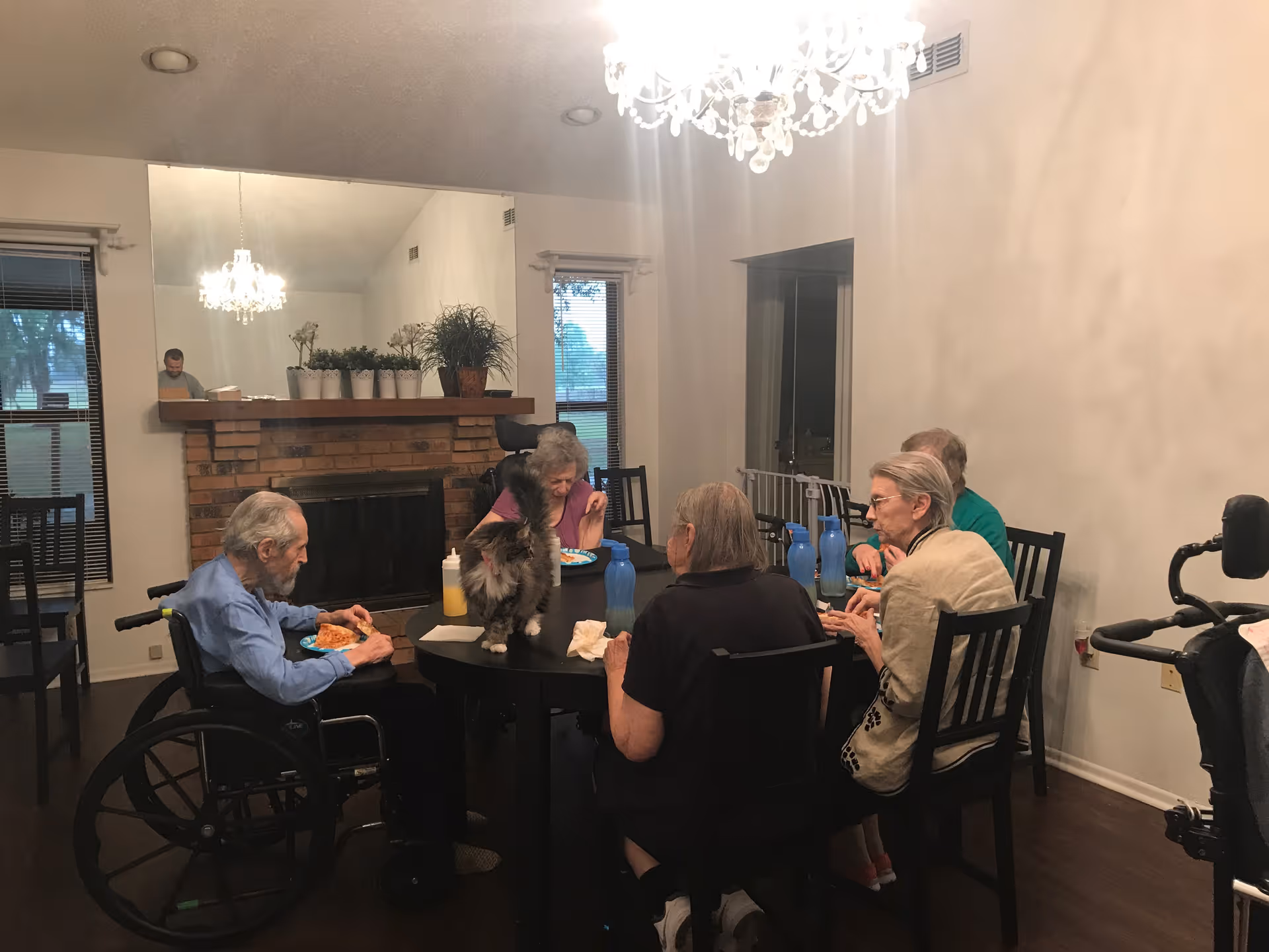 A group of elderly people sitting around a dining table in a room with a brick fireplace and a large mirror above it. There is a cat standing on the table. The room is lit by a chandelier, and there are plants on the fireplace mantel. One person is in a wheelchair, and there are water bottles and plates on the table.