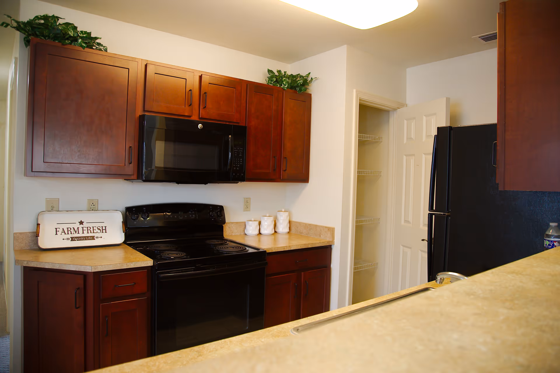 A kitchen with dark wooden cabinets, a black microwave and stove, beige countertops, and a black refrigerator. There is a pantry with white shelves and an open door. Decorative greenery is placed on top of the cabinets, and a sign on the counter reads 'FARM FRESH'.