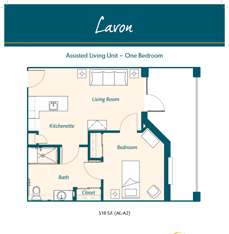 Floor plan of Lavon, an assisted living unit with one bedroom. The layout includes a living room with a sofa and two side tables, a kitchenette with a sink, a bathroom with a shower, toilet, and sink, a bedroom with a bed, chair, and side tables, and a closet.