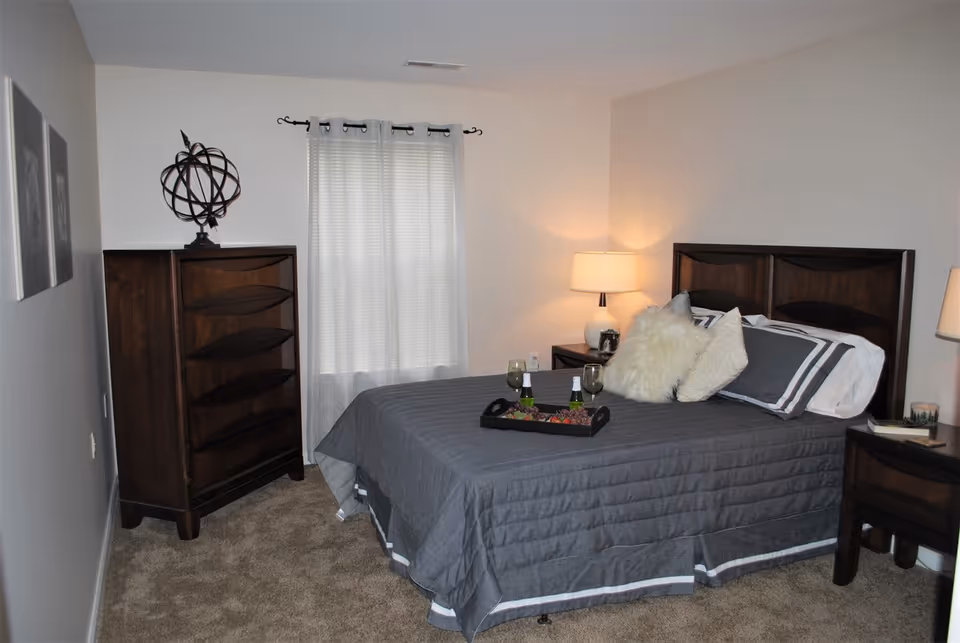 Bedroom with a dark wood bed and dresser, gray bedding, decorative pillows, and two bedside lamps.