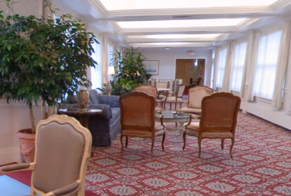 A spacious, well-lit lounge area with multiple upholstered chairs and sofas arranged around glass-top tables. The room features large windows with white curtains, potted plants, and a patterned red carpet.