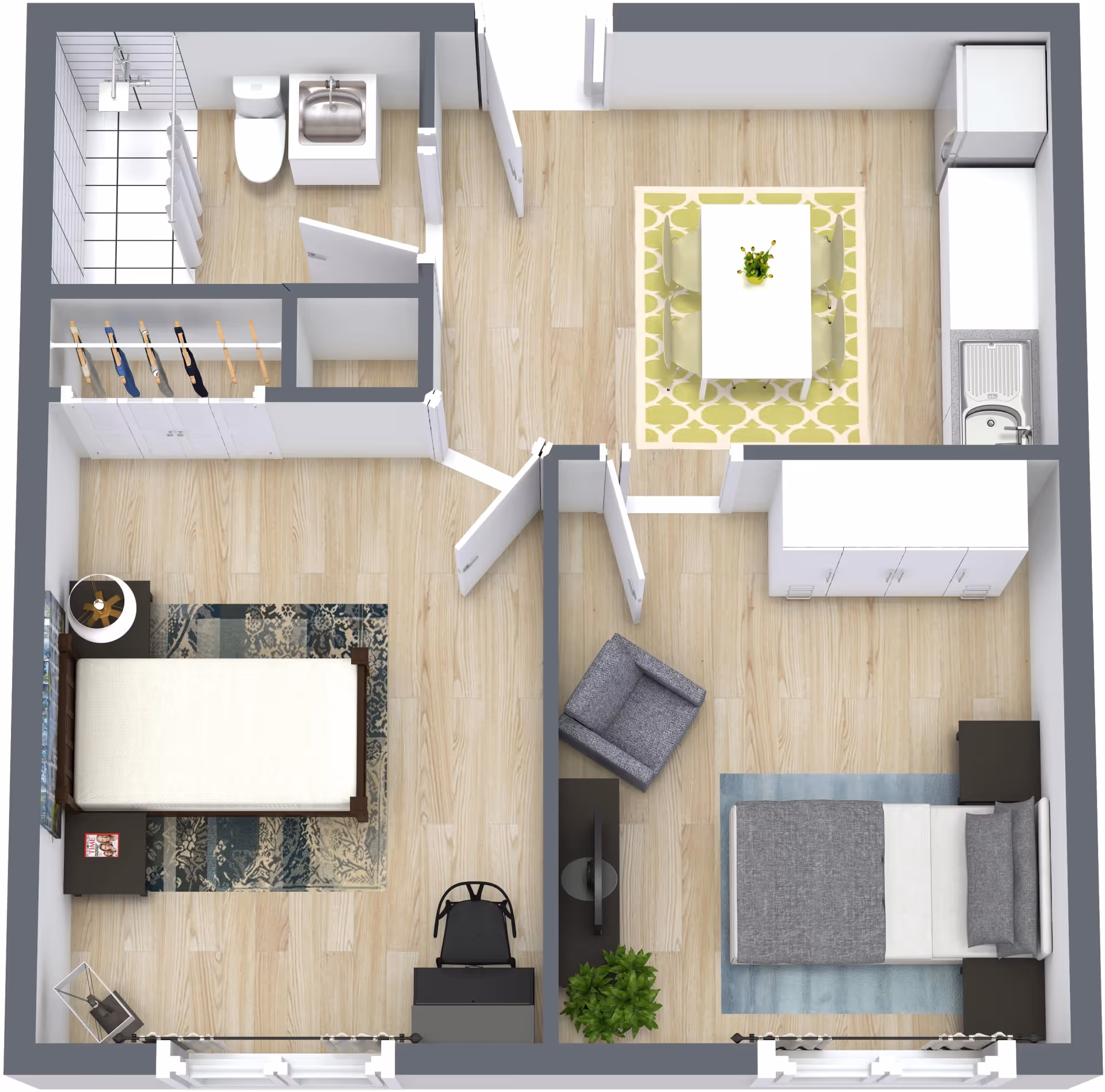 Top-down view of a senior living facility apartment layout showing a bedroom with a bed, nightstand, desk, and chair; a living area with an armchair, TV, and plant; a kitchen with a dining table and chairs, refrigerator, sink, and cabinets; and a bathroom with a shower, toilet, and sink. There is also a closet with hanging clothes.