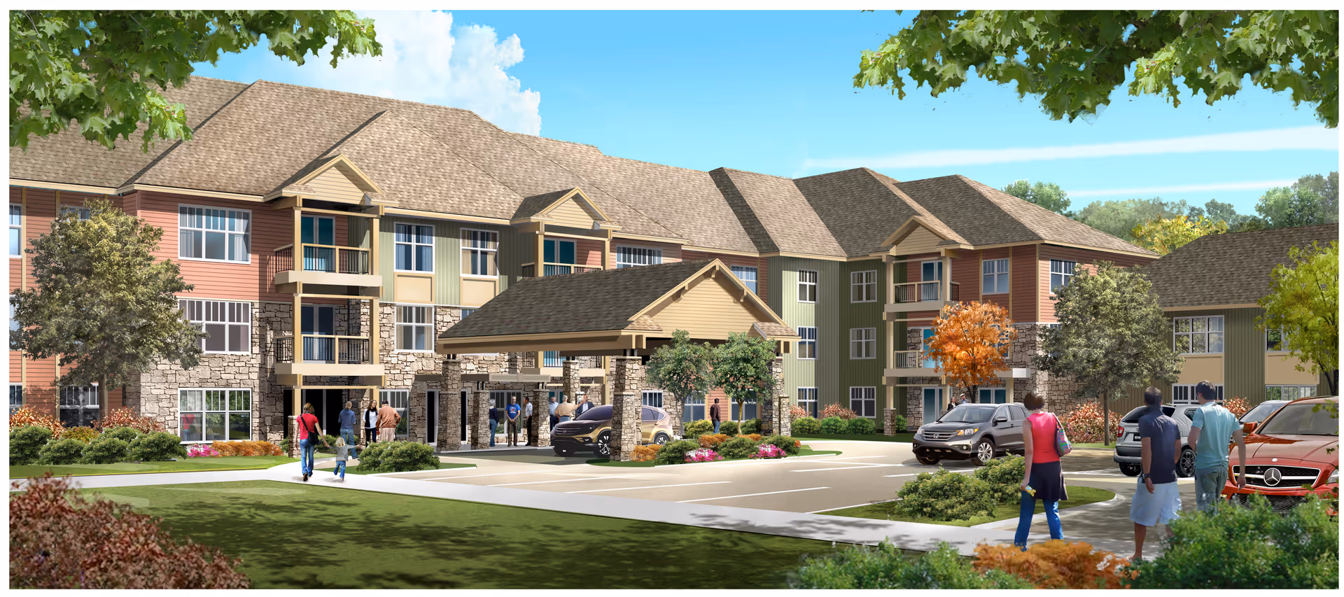 Exterior view of a senior living facility named Whitefish at the Lakes Senior Living, showing a multi-story building with balconies, a covered entrance with stone pillars, several parked cars, landscaped greenery, and people walking near the entrance.