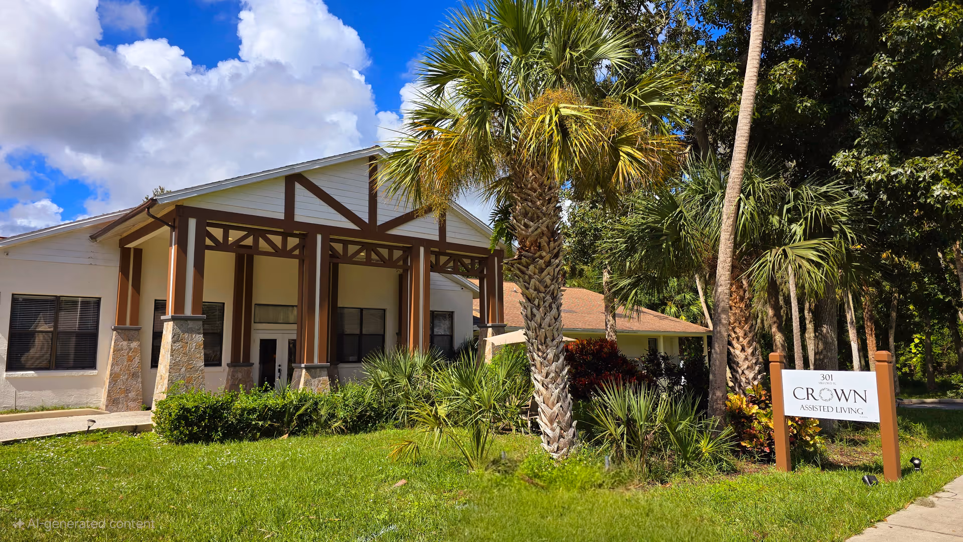 Exterior view of Crown Assisted Living facility showing a single-story building with a covered entrance supported by wooden beams and stone pillars. The building is surrounded by green grass, palm trees, and other plants under a partly cloudy blue sky. A sign near the sidewalk reads '301 Crown Assisted Living.'