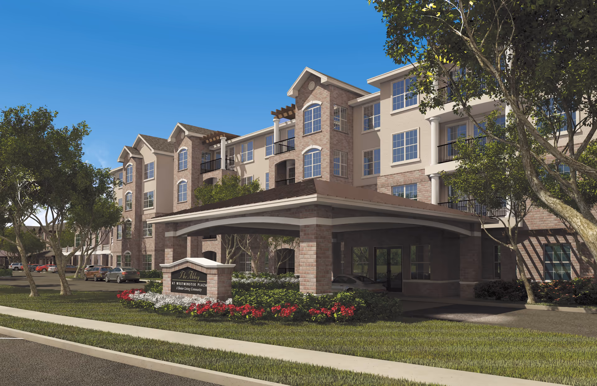 Front exterior of a multi-story senior living community with a covered drop-off, landscaped flowerbeds, and parked cars.