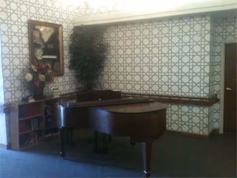 A grand piano sits in a patterned wallpaper lounge area with a plant and bookshelf.