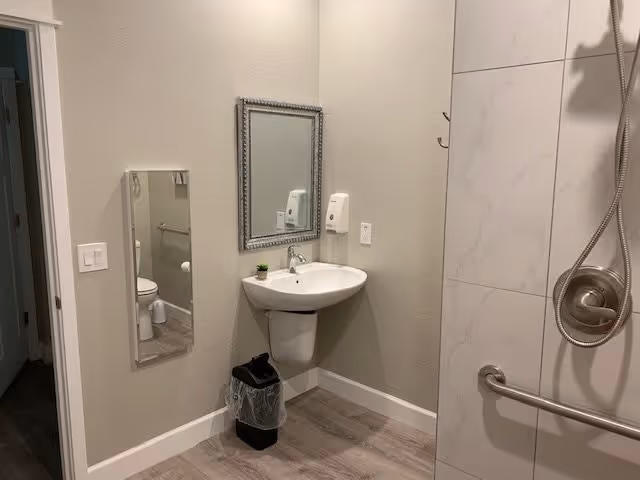 Small accessible bathroom with a wall-mounted sink and decorative mirror, soap dispenser and trash can, and a tiled shower with handheld showerhead and grab bar; a toilet is visible in the mirror reflection.
