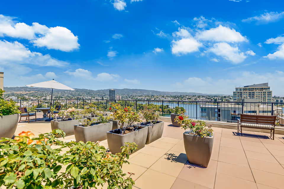 Outdoor rooftop patio area with potted plants and flowers, seating benches, a table with chairs under a large white umbrella, overlooking a cityscape with buildings and hills under a blue sky with scattered clouds.
