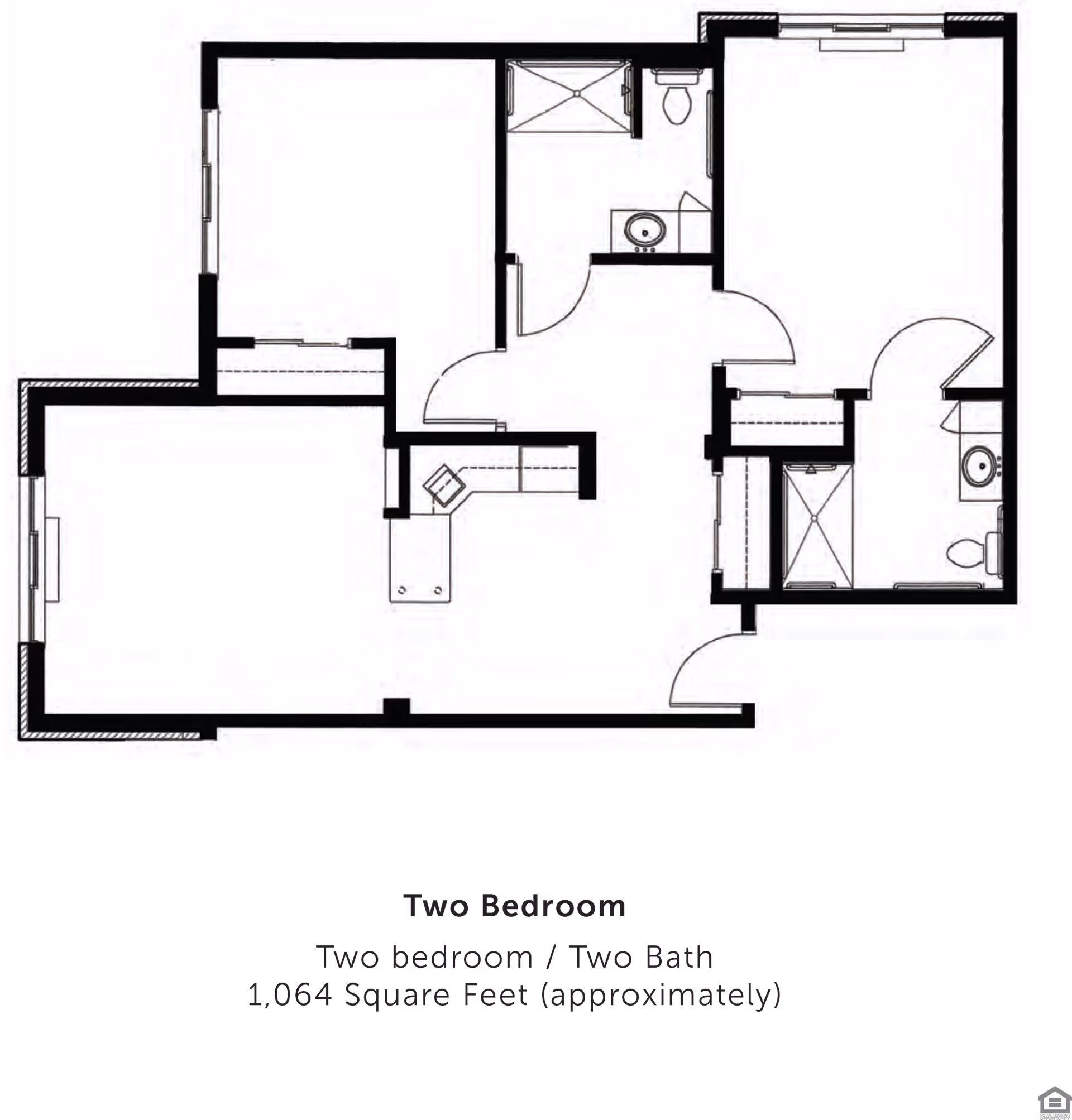 Black-and-white floor plan showing a two-bedroom, two-bathroom apartment layout with kitchen, living area, and bathrooms.