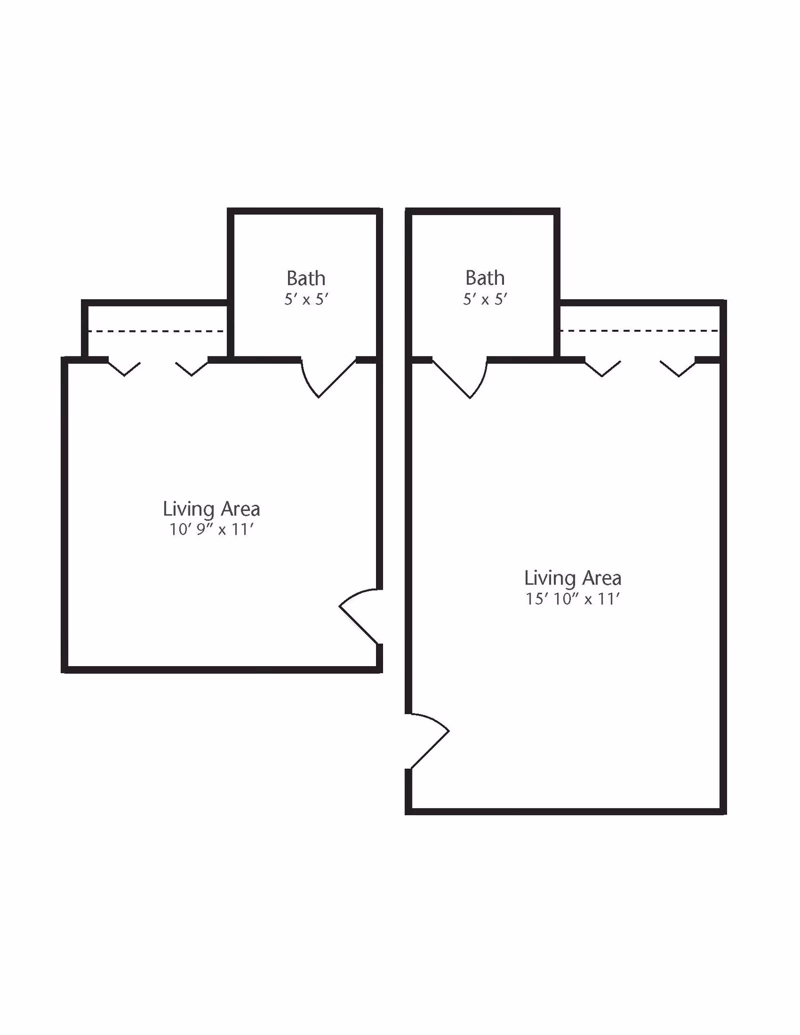 Floor plan showing two separate living areas each with a 5 feet by 5 feet bath. The left living area measures 10 feet 9 inches by 11 feet, and the right living area measures 15 feet 10 inches by 11 feet.
