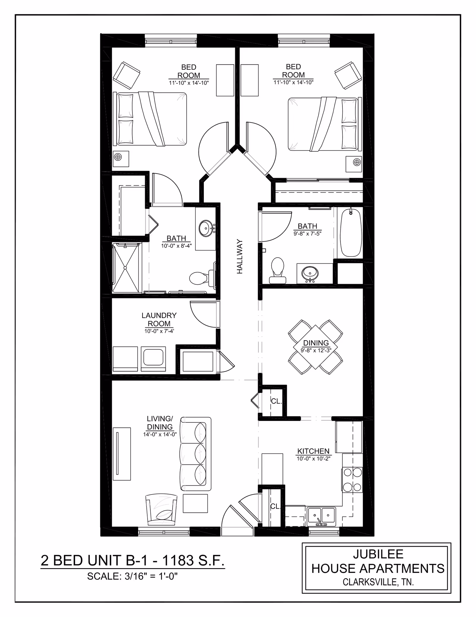 Black-and-white floor plan drawing of a two-bedroom apartment showing living/dining area, kitchen, two bedrooms, two bathrooms, laundry room, and hallway.