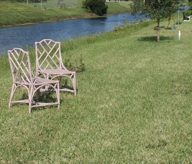 Two wicker chairs on a grassy bank beside a narrow pond or canal.