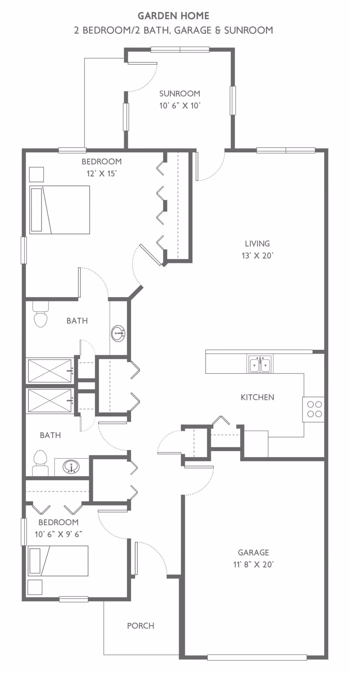 Floor plan of a Garden Home at Park Place Senior Living showing 2 bedrooms, 2 bathrooms, a garage, a sunroom, a living room, a kitchen, and a porch. The larger bedroom measures 12 by 15 feet and the smaller bedroom measures 10 feet 6 inches by 9 feet 6 inches. The living room is 13 by 20 feet, the sunroom is 10 feet 6 inches by 10 feet, and the garage is 11 feet 8 inches by 20 feet.