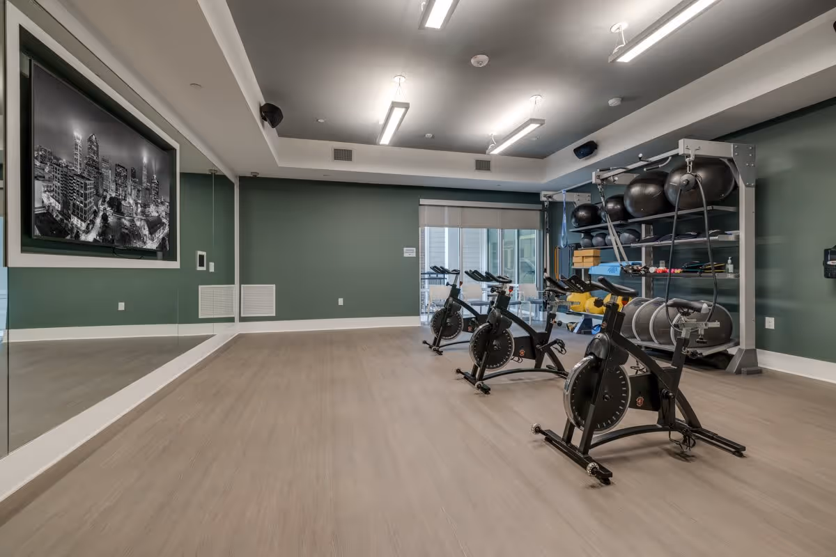 A fitness room with three stationary exercise bikes, a rack holding various exercise balls and equipment, a large mirror on one wall, and a flat-screen TV mounted on the wall displaying a black and white cityscape image.