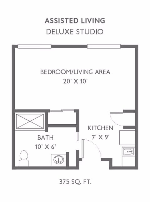 Floor plan of an assisted living deluxe studio apartment at Traditions of Beavercreek, showing a bedroom/living area measuring 20 by 10 feet, a kitchen measuring 7 by 9 feet, and a bathroom measuring 10 by 6 feet, with a total area of 375 square feet.