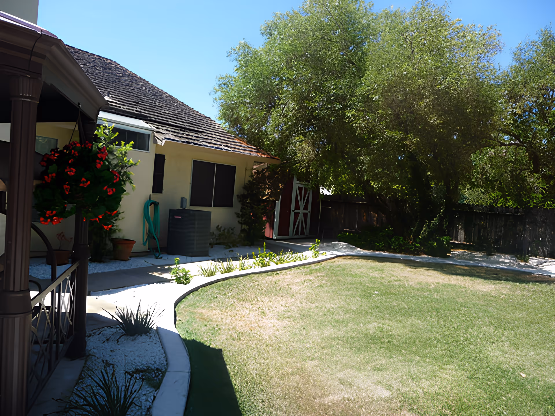 Sunny backyard with a lawn and curved concrete path, a covered patio with hanging flowers, an air-conditioning unit, and a small red shed under large trees.