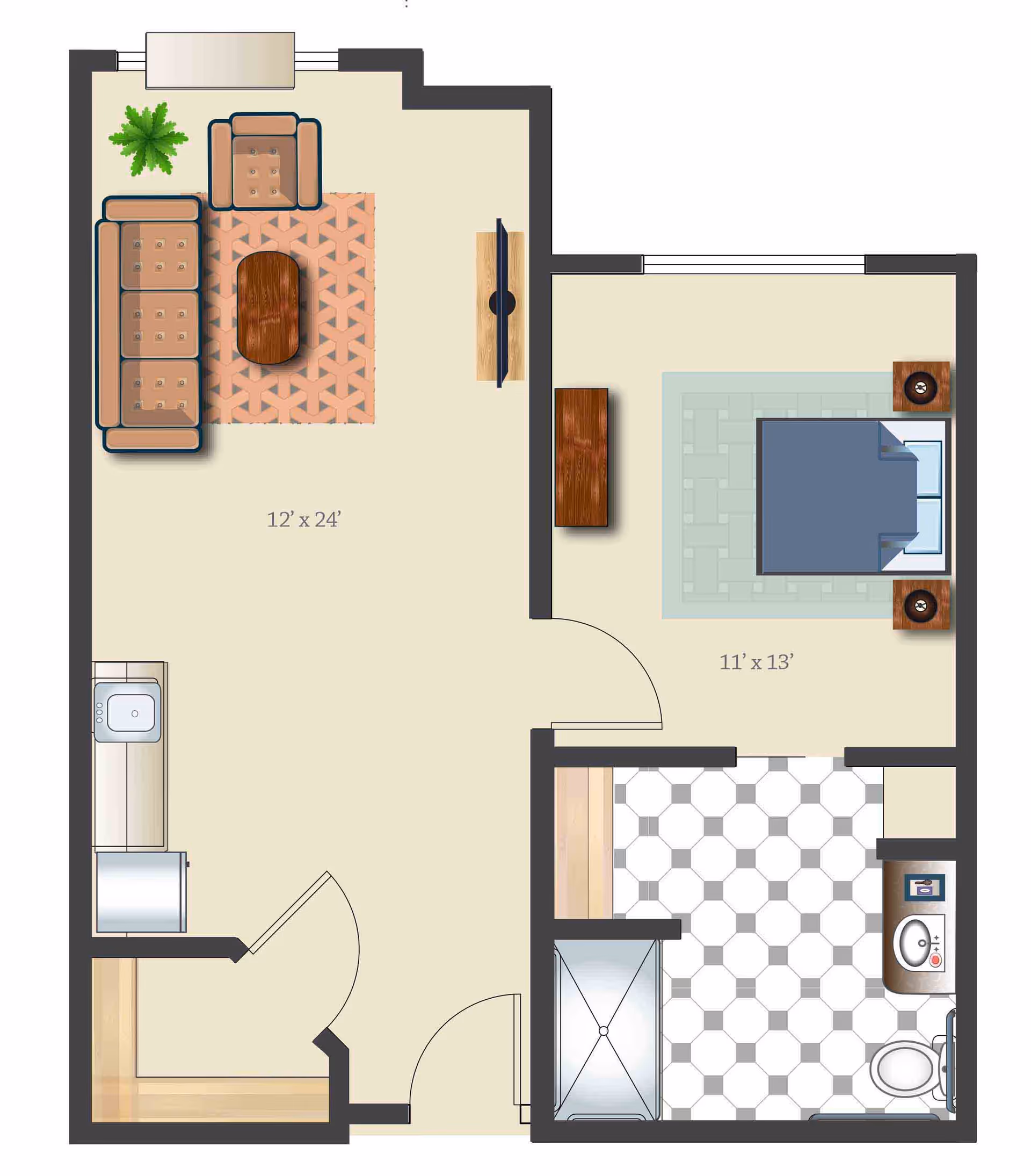 Top-down floor plan of a one-bedroom apartment showing a living area with sofa and TV, a small kitchen, bedroom, and bathroom with dimensions.