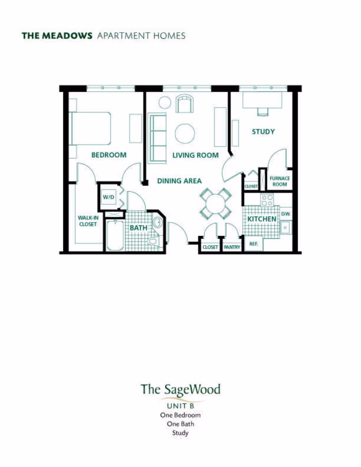 Floor plan of The SageWood Unit B apartment home at Glacier Hills Senior Living Community, showing one bedroom with walk-in closet, one bathroom, a living room with dining area, a study, and a kitchen with pantry and furnace room.