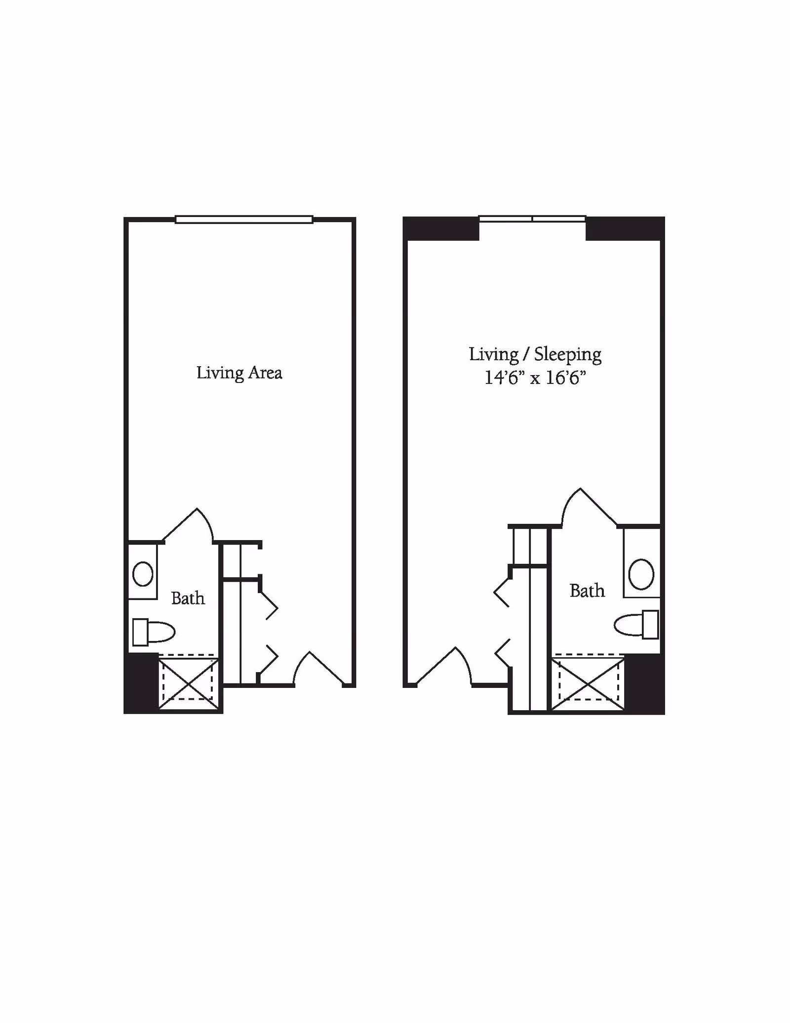 Architectural floor plan showing two layouts. The left layout features a living area and a bathroom with a shower, toilet, and sink. The right layout includes a living/sleeping area measuring 14 feet 6 inches by 16 feet 6 inches, and a bathroom with a shower, toilet, and sink.