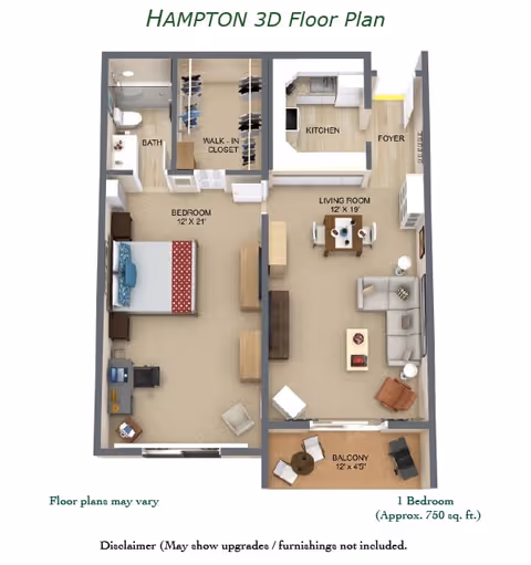 3D one-bedroom floor plan labeled 'Hampton' showing a bedroom with walk-in closet, bathroom, kitchen, living room and balcony.