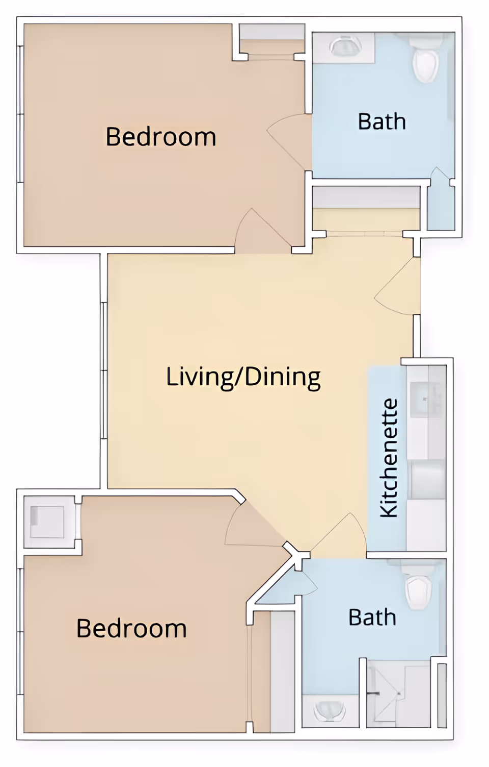 Two-bedroom apartment floor plan with a central living/dining area, kitchenette, and two bathrooms.
