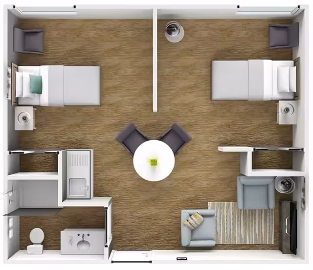 Top-down floor plan of a two-bedroom apartment with a central dining area, living area, kitchenette, and bathroom.