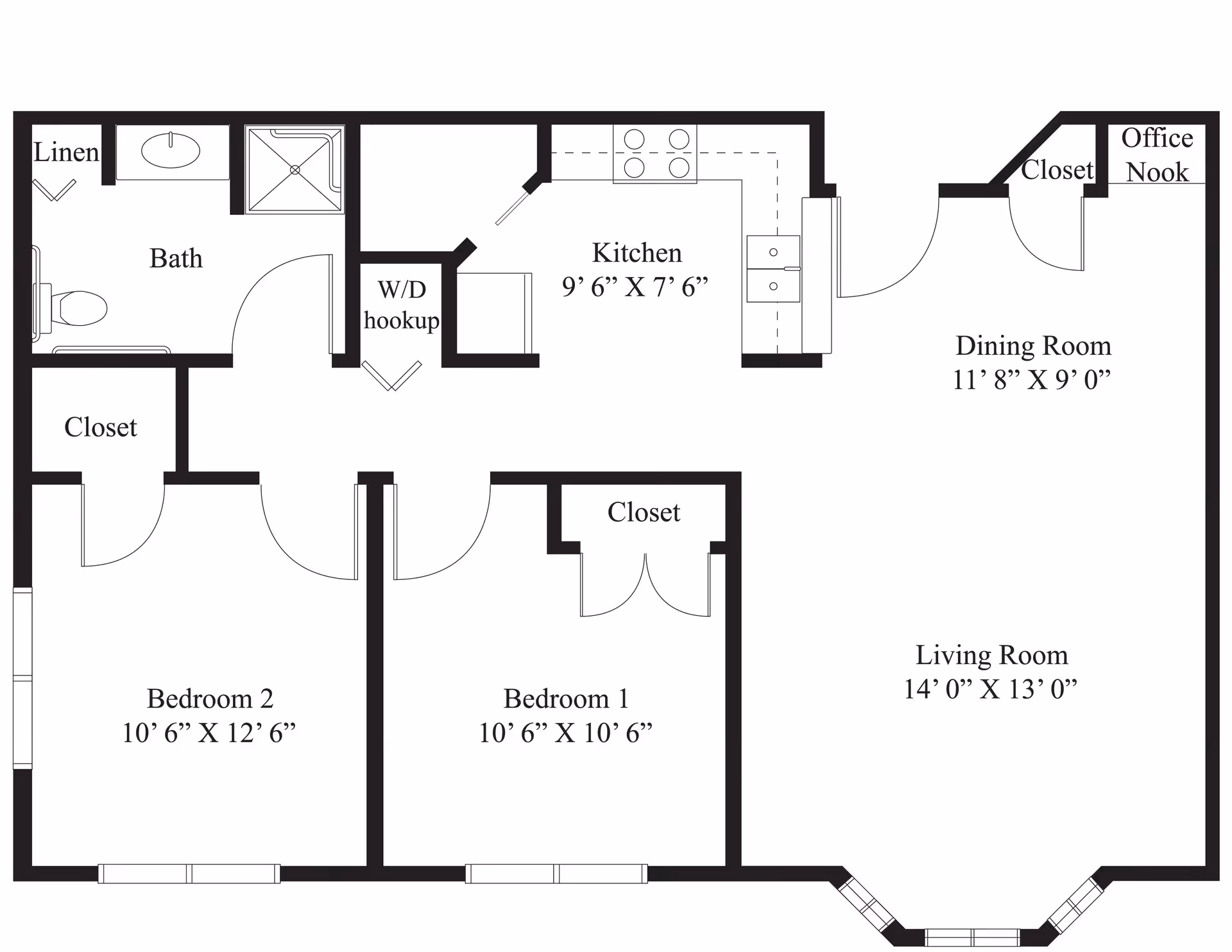 Architectural floor plan of a residential unit at Sage Harbor at Baywinde showing two bedrooms, one bathroom, a kitchen, dining room, living room, closets, linen storage, washer/dryer hookup, and an office nook with dimensions labeled.