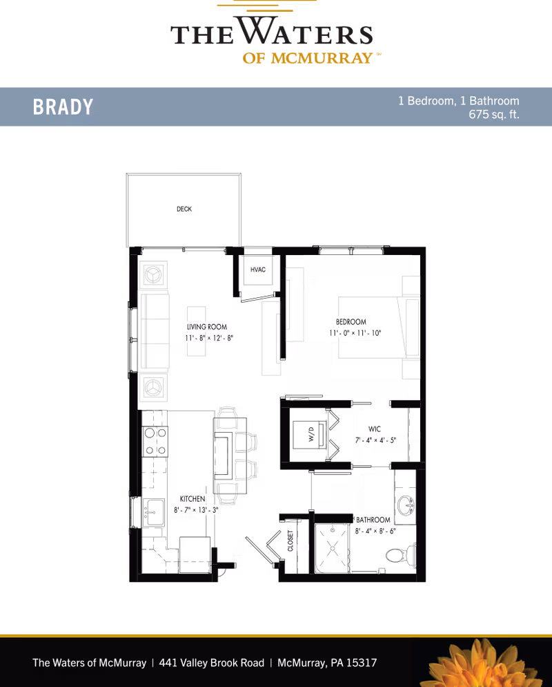 Floor plan of the Brady apartment at The Waters of McMurray showing a 1 bedroom, 1 bathroom layout with a living room, kitchen, bedroom, bathroom, walk-in closet, HVAC, and deck. The total area is 675 square feet.