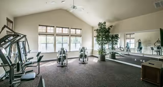 A bright exercise room with large windows letting in natural light, containing various gym equipment including stationary bikes and weight machines, a large mirror on one wall, a ceiling fan, and a potted plant in the corner.
