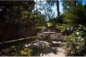 Shaded outdoor patio area with a paved walkway, a raised planter/bench and lush trees and shrubs.