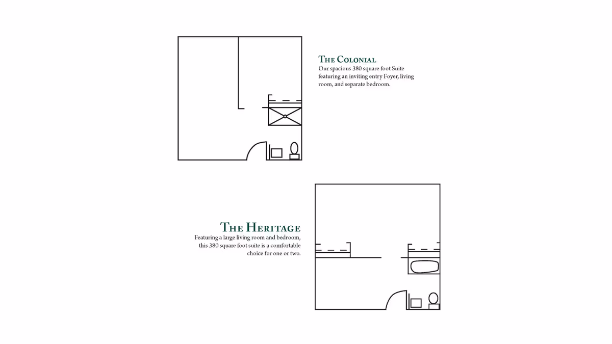 Two architectural floor plans labeled The Colonial and The Heritage, each showing layouts of suites with living rooms, bedrooms, and bathrooms. The Colonial suite is 380 square feet with an entry foyer, living room, and separate bedroom. The Heritage suite is also 380 square feet with a large living room and bedroom, suitable for one or two people.