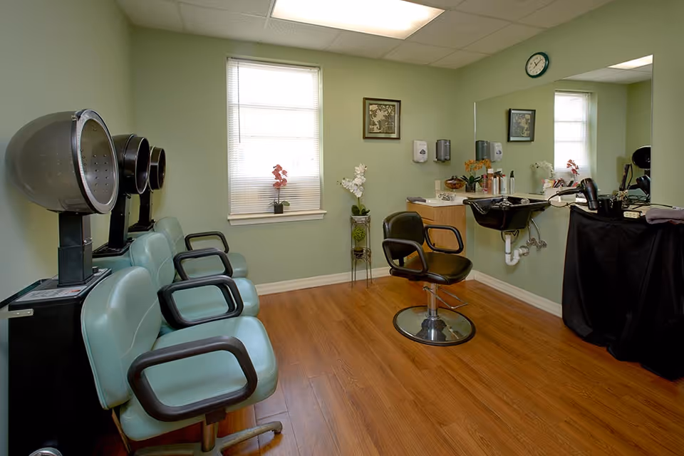 Interior view of a small hair salon room with three green salon chairs and hair dryers on the left side, a black salon chair in front of a sink and mirror on the right, light green walls, a window with blinds, and wooden flooring.