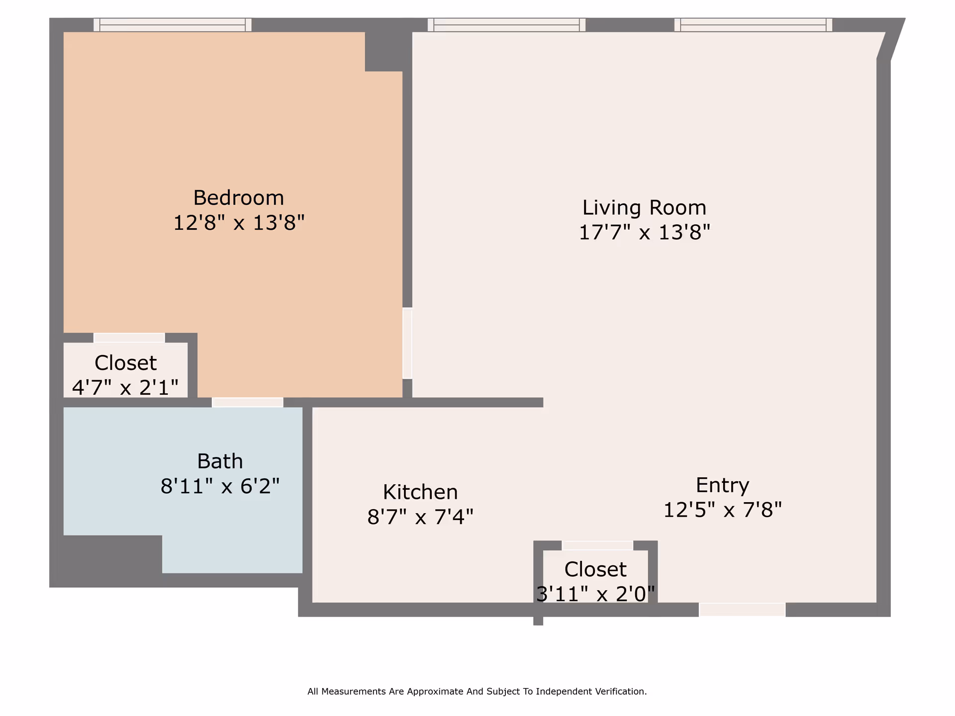 Floor plan of a senior living unit at Drum Hill Senior Living Community showing a bedroom, living room, kitchen, bath, entry, and two closets with their dimensions.