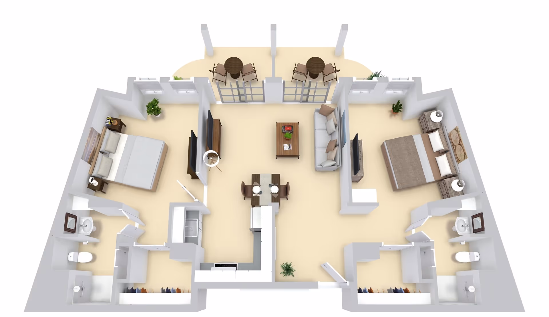 3D floor plan of a two-bedroom apartment featuring two bedrooms each with a bed, nightstands, and closets. Each bedroom has an attached bathroom with a shower, toilet, and sink. The central living area includes a sofa, coffee table, TV, and a dining table with four chairs. The kitchen is adjacent to the dining area with appliances and cabinetry. There are two small balconies with outdoor seating accessible from the living room.