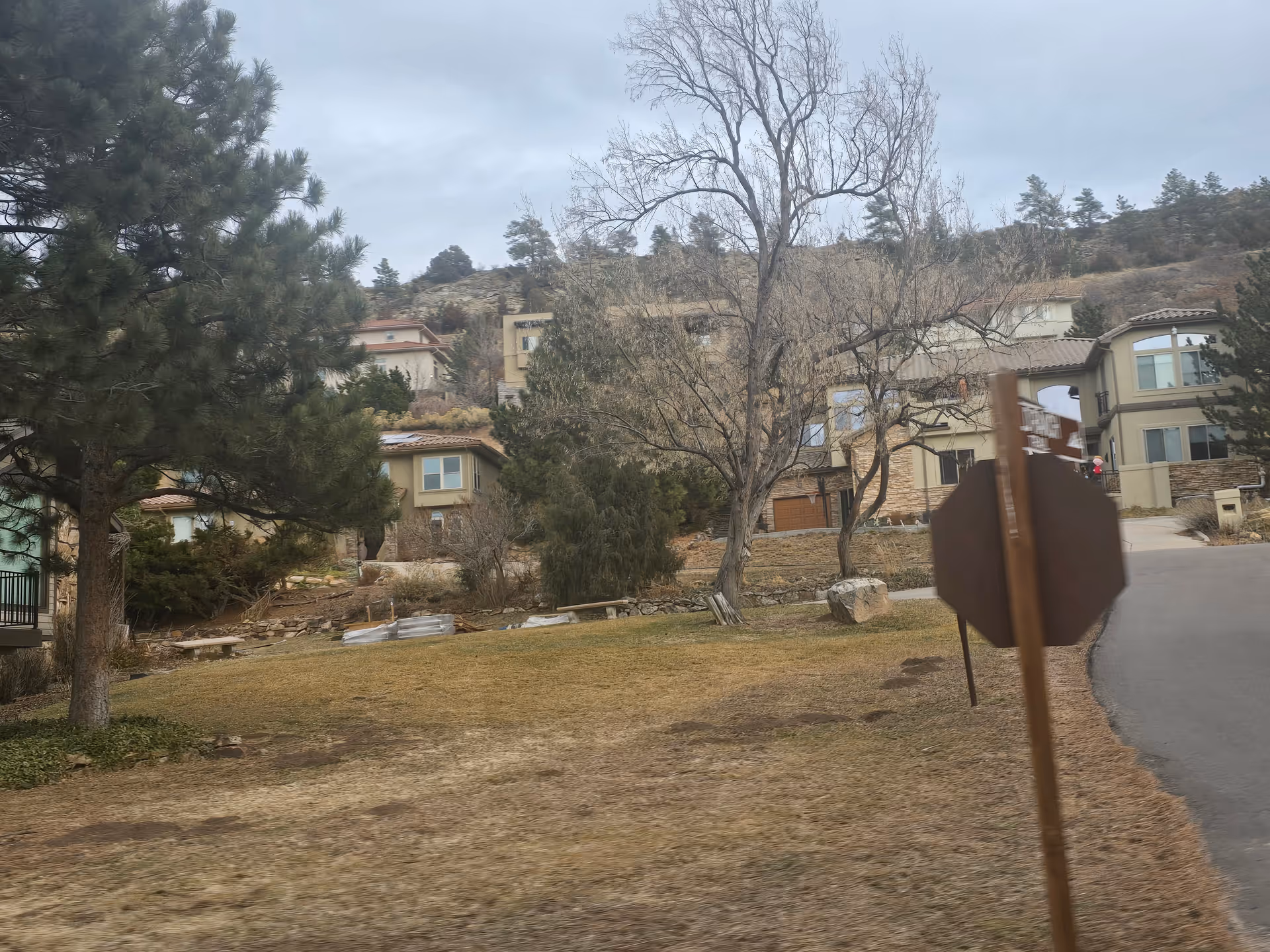 View of a residential neighborhood with multiple houses surrounded by trees and dry grass under a cloudy sky. A road curves to the right with a blurry stop sign in the foreground.