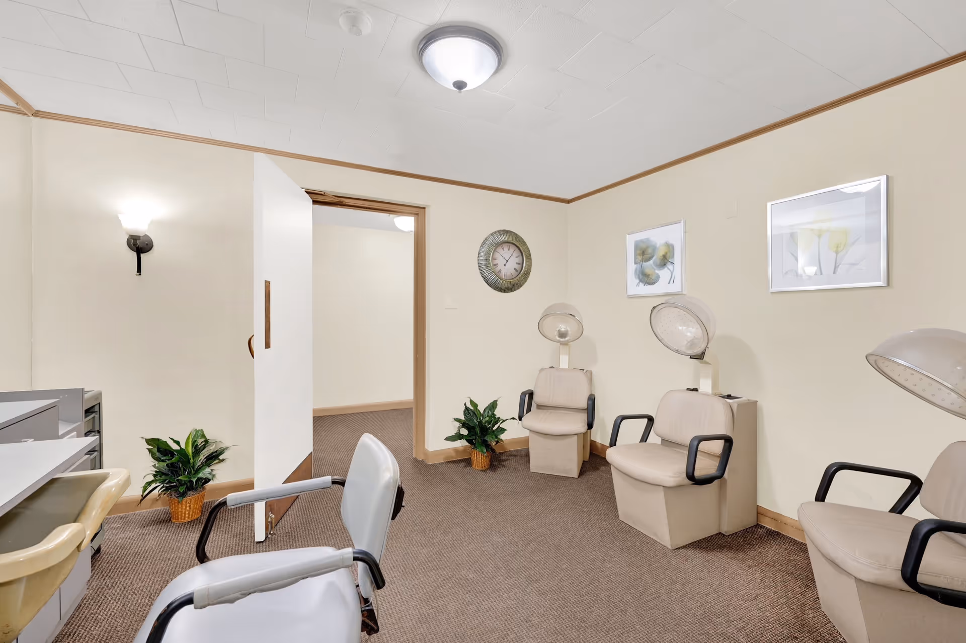Interior room with three beige salon chairs equipped with hair dryers, a white chair in the foreground, a wall clock, two framed floral pictures, and two potted plants. The room has beige walls, brown carpet, and a ceiling light fixture.