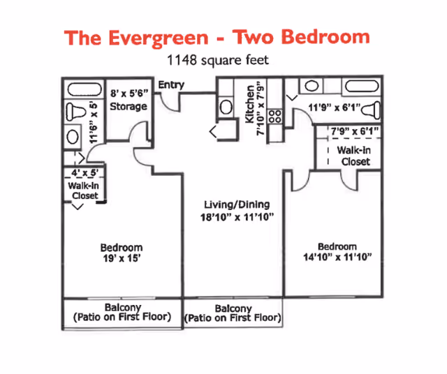 Floor plan of The Evergreen two-bedroom apartment with 1148 square feet, showing entry, kitchen, living/dining area, two bedrooms each with walk-in closets, storage, bathrooms, and balconies/patios on the first floor.