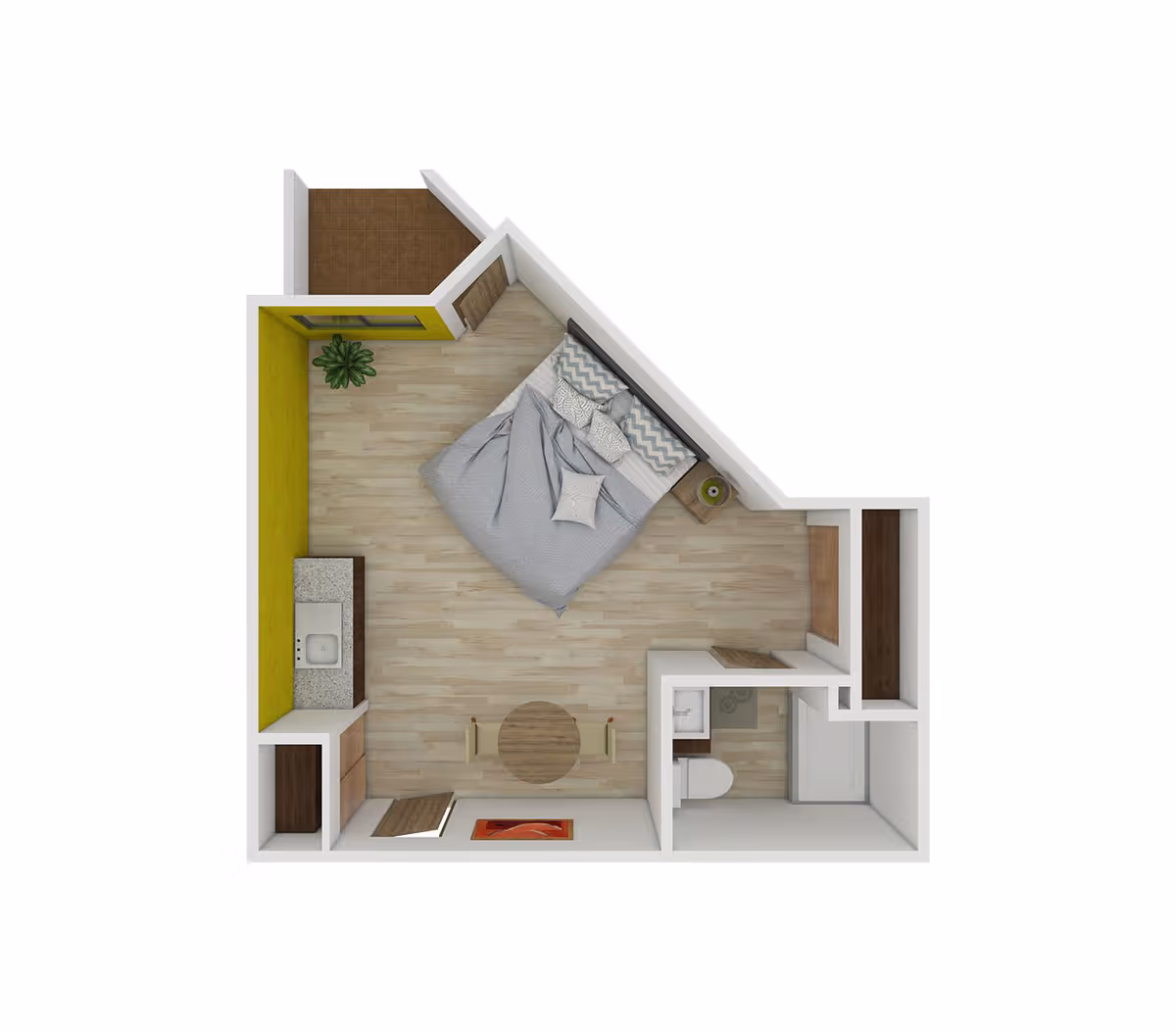 Top-down view of a small apartment floor plan featuring a bedroom area with a bed and pillows, a kitchenette with a sink and cabinets, a small round dining table with two chairs, a bathroom with a toilet and bathtub, and a small balcony or outdoor space. The flooring is light wood, and one wall is painted yellow with a potted plant in the corner.