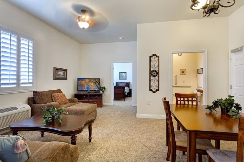 A cozy senior living room and dining area with beige walls and carpet. The living room has a brown upholstered chaise lounge and armchair, a wooden coffee table with a small plant, and a TV on a wooden stand. The dining area features a wooden table with four chairs and a chandelier above. There is a doorway leading to a bedroom and another doorway to a bathroom. The room is well-lit with natural light coming through a window with white shutters.