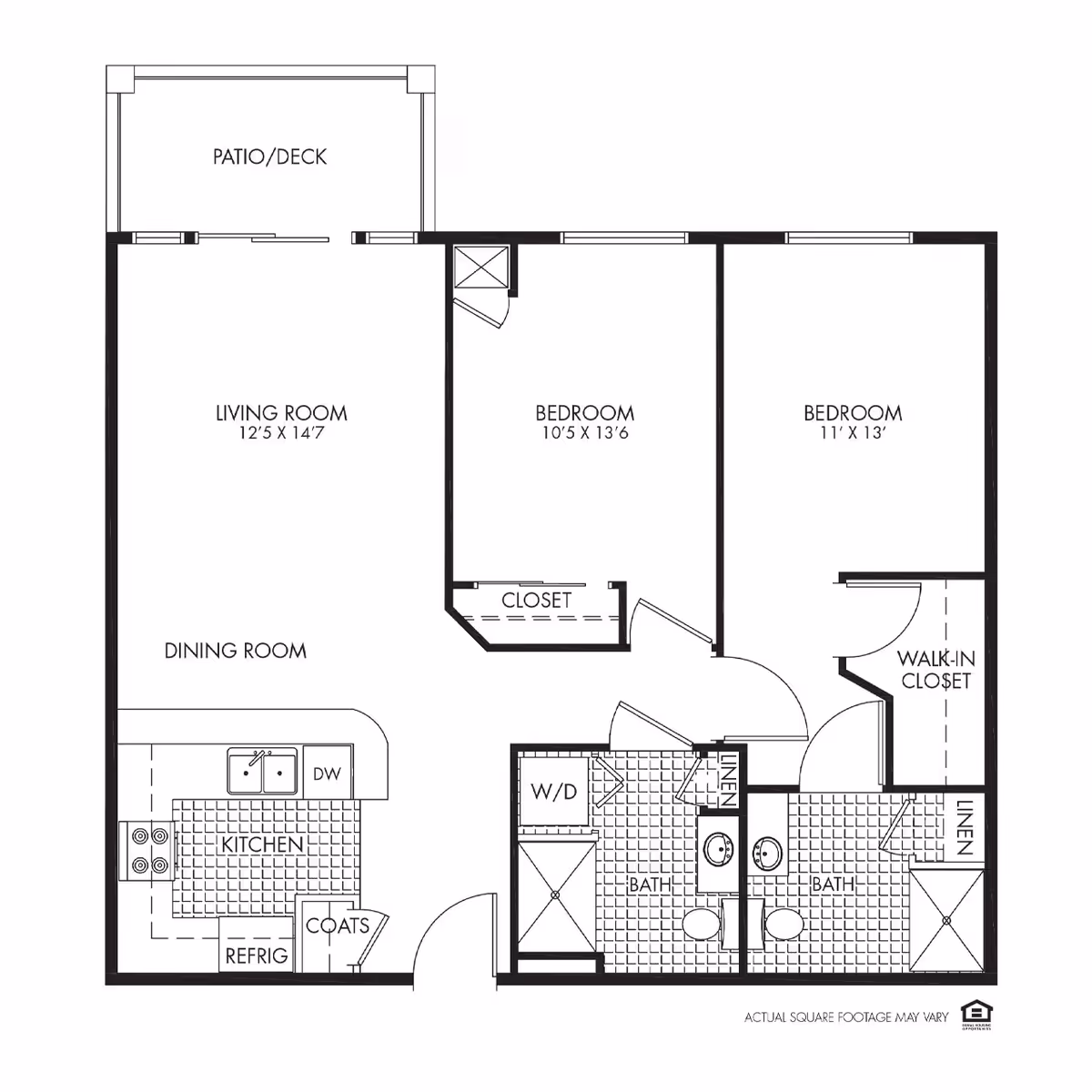 Architectural floor plan of a residential unit at Legacy Pointe showing two bedrooms, two bathrooms, a kitchen, dining room, living room, patio/deck, closets including a walk-in closet, and laundry area with washer and dryer.