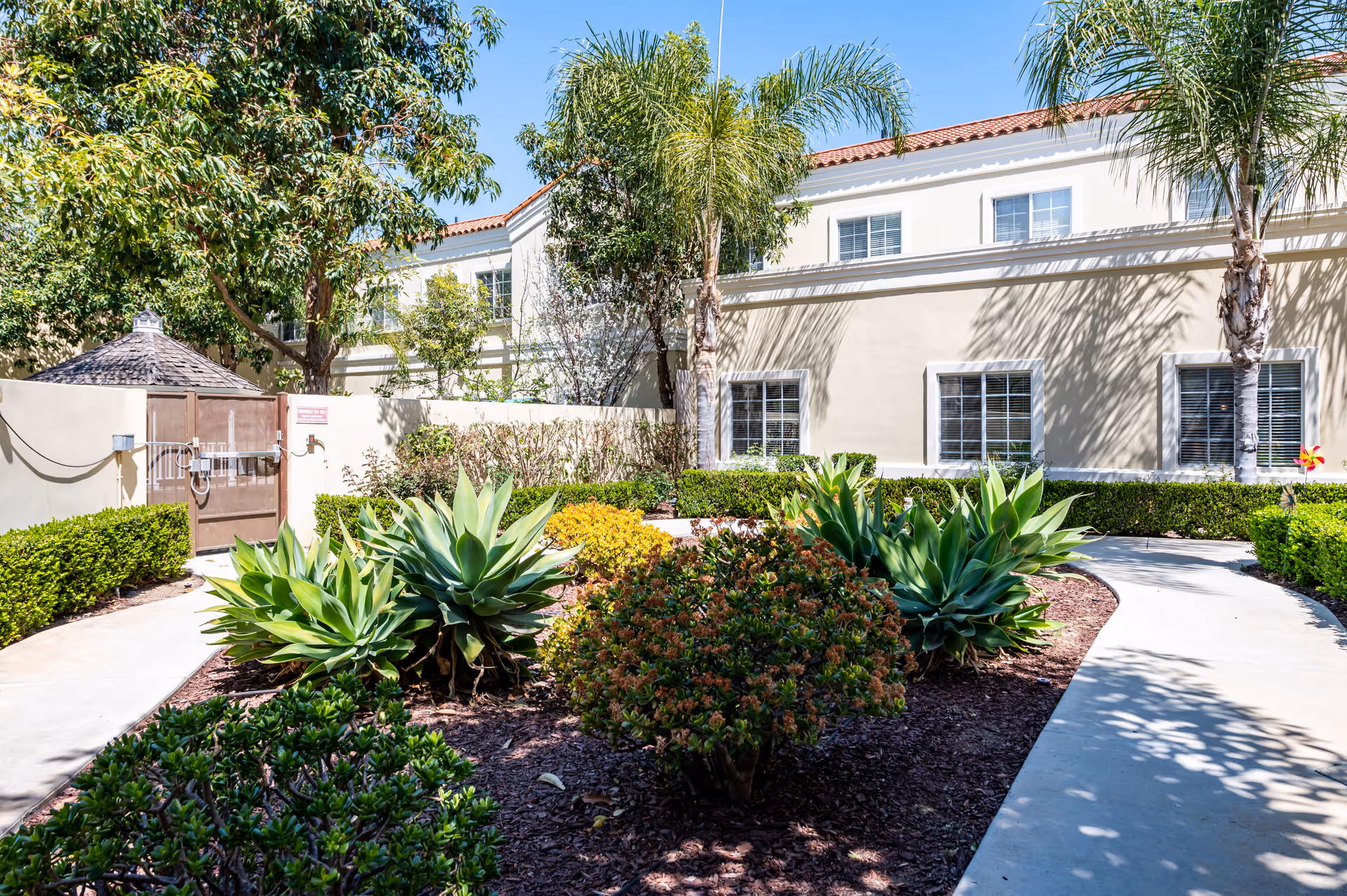 Outdoor garden area at San Juan Hills Healthcare Center featuring a curved concrete pathway surrounded by various green plants and shrubs, with palm trees and a beige two-story building with white-framed windows in the background under a clear blue sky.