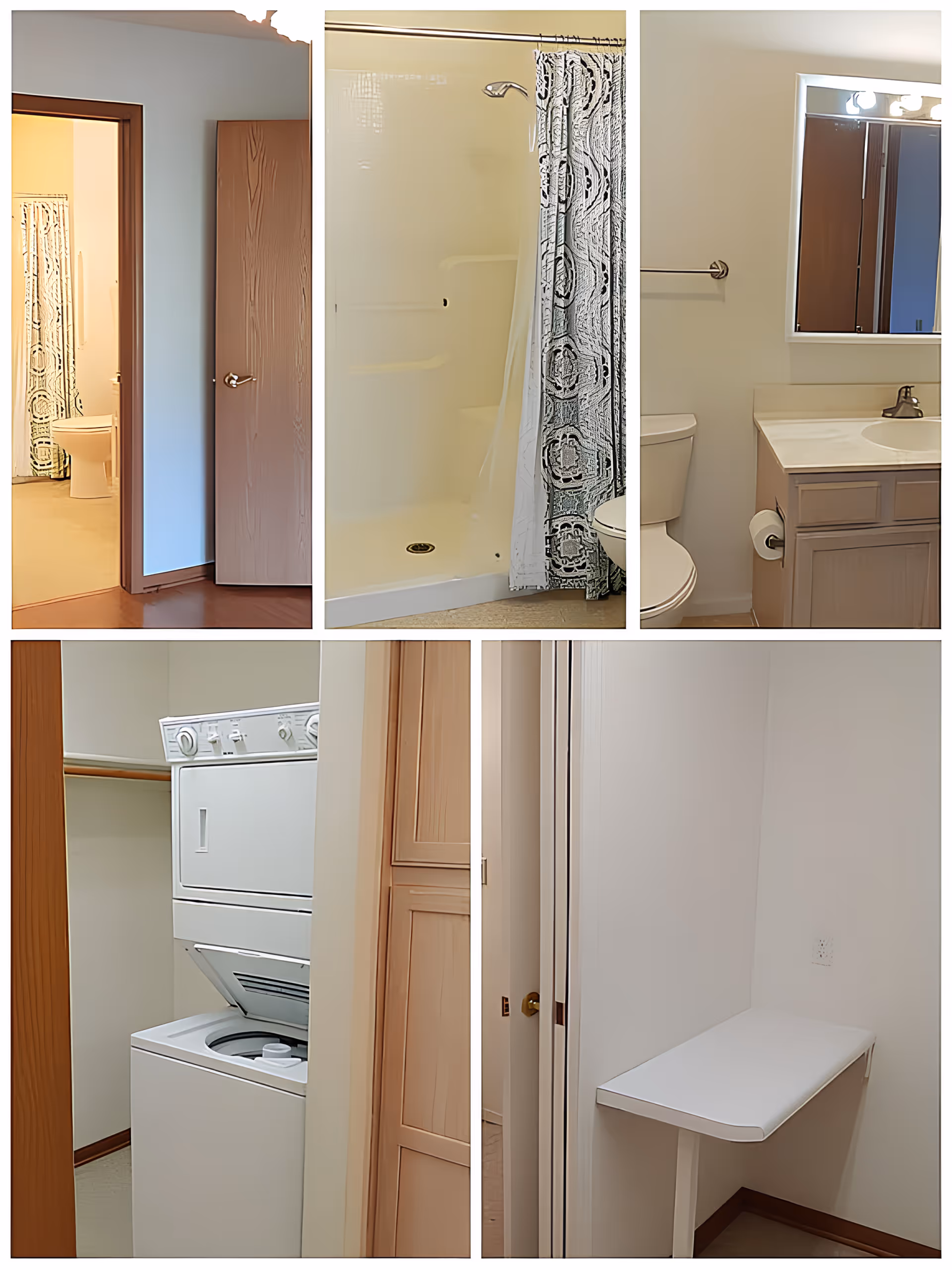 Collage of interior rooms showing a bathroom with shower, toilet and sink, a stacked washer-dryer in a closet, and a small wall-mounted desk