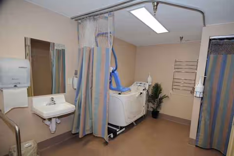 Nursing home patient room with a bed, privacy curtains, sink, and potted plant.
