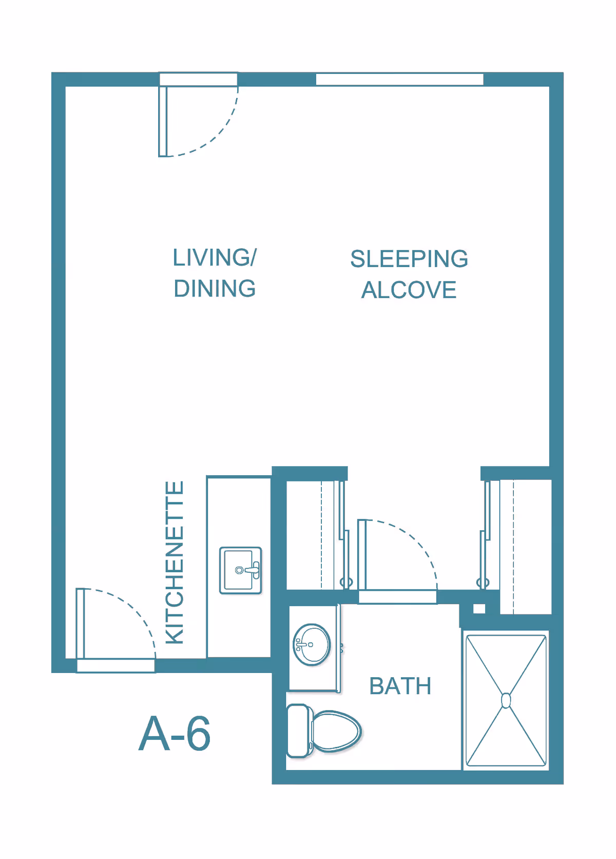 Floor plan layout of a studio apartment labeled A-6, showing areas for living/dining, sleeping alcove, kitchenette, and a bathroom with a sink, toilet, and shower.