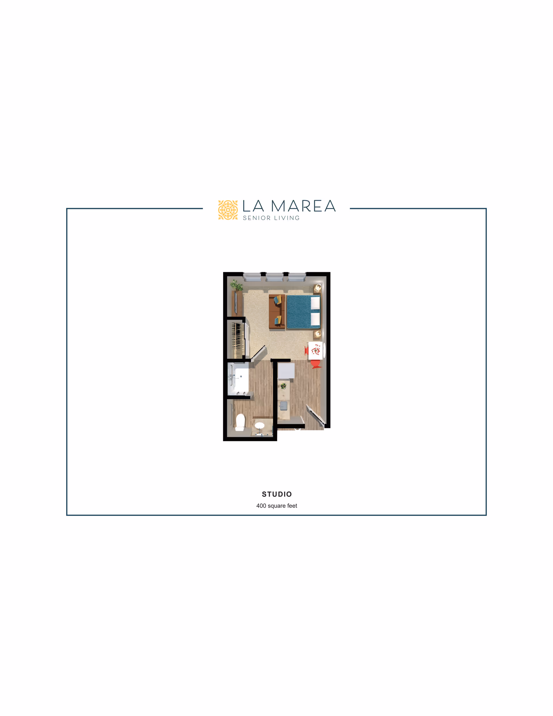Floor plan of a studio apartment at La Marea Senior Living, showing a combined living and sleeping area with a bed, a small dining table with two chairs, a bathroom with a toilet and sink, and a closet. The total area is 400 square feet.