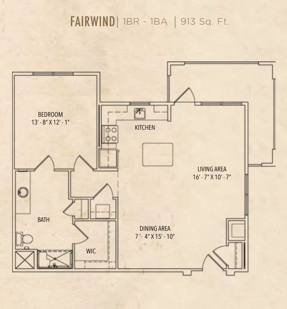 Floor plan of a one-bedroom, one-bathroom apartment named Fairwind with a total area of 913 square feet. The layout includes a bedroom measuring 13 feet 8 inches by 12 feet 1 inch, a bathroom, a walk-in closet (WIC), a kitchen, a dining area measuring 7 feet 4 inches by 15 feet 10 inches, and a living area measuring 16 feet 7 inches by 10 feet 7 inches.