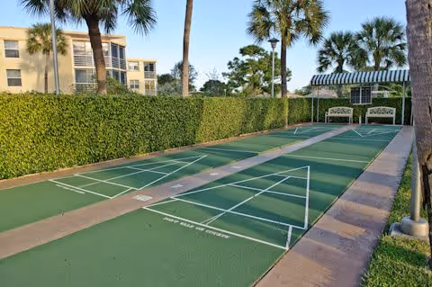 Outdoor shuffleboard court with green playing surface and white markings, surrounded by palm trees and a tall hedge. Two benches with a striped canopy are visible at the far end of the court, and a multi-story building is seen in the background under a clear blue sky.