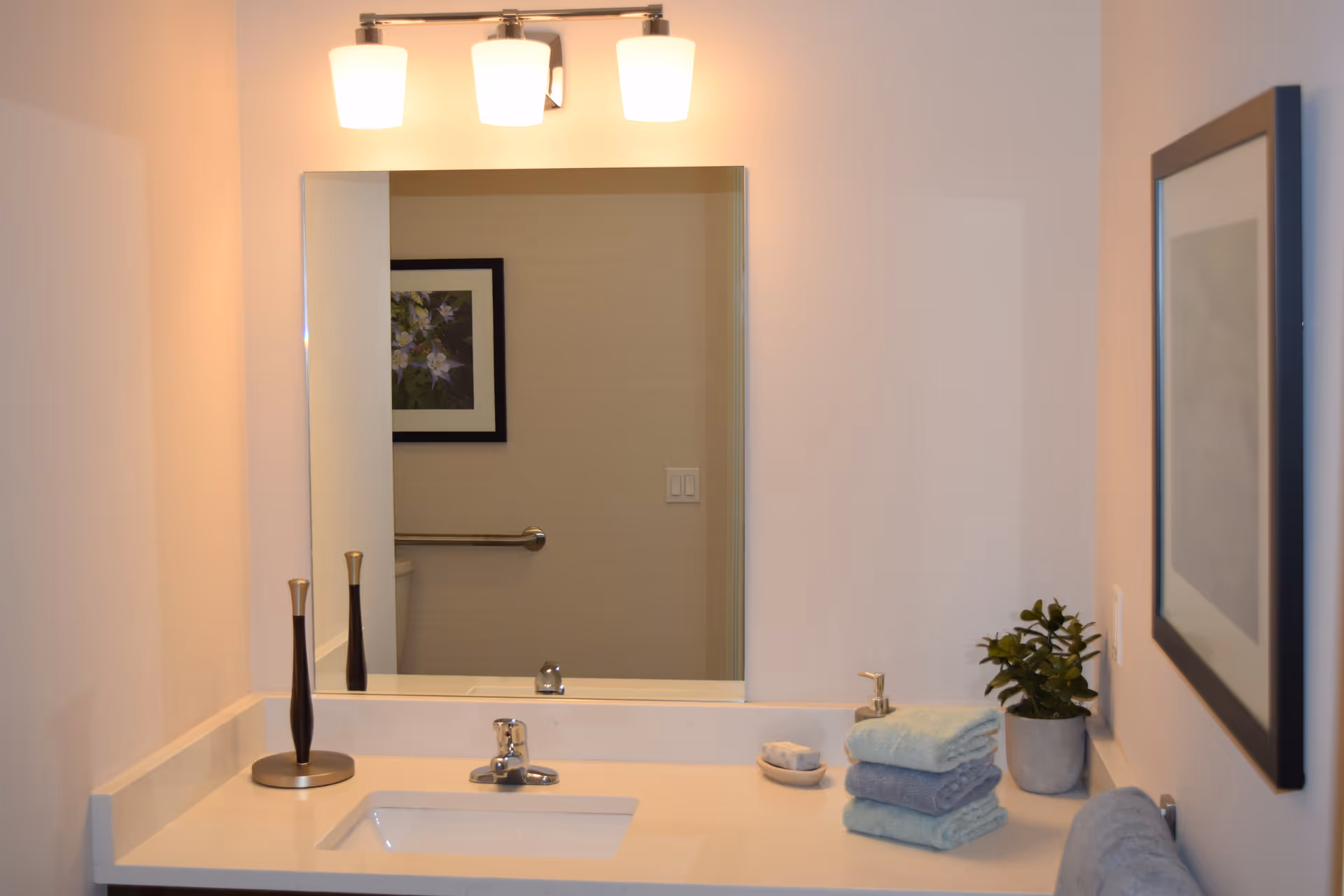 Bathroom vanity with sink, mirror, overhead lights, folded towels, a small plant and decorative items.
