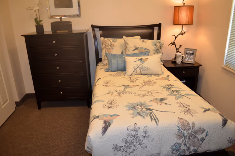 Single bed with bird-patterned quilt and decorative pillows between a dark wood dresser and nightstand with a lamp in a small bedroom.